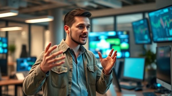 AI creates digital products with young man presenting in modern office.