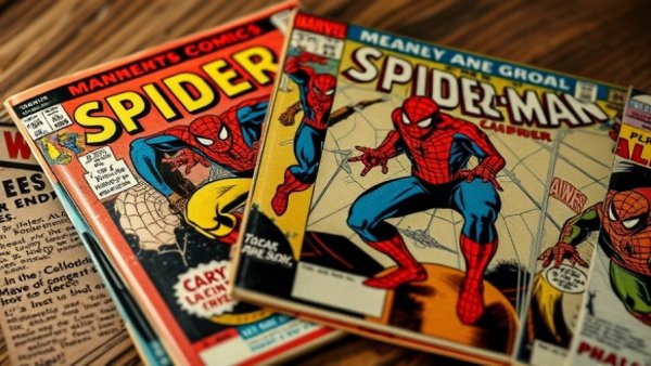 Vintage Spider-Man comics on a wooden surface for comic book cash sale