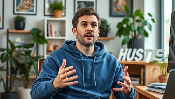 Casual man in blue hoodie discussing API for image generation.