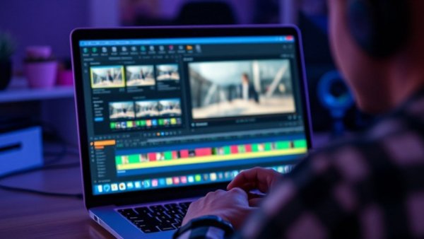 Video editor working on clips to turn into viral content on a laptop.