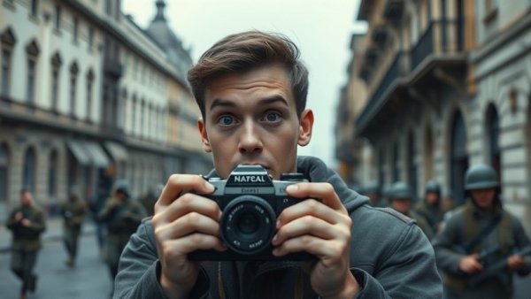 Young man using camera in historic street, capturing wartime scene.