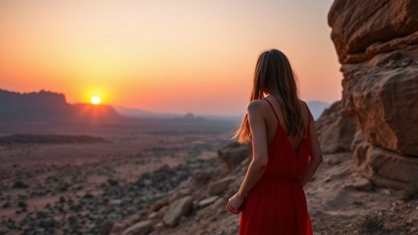Woman in a red dress enjoying a sunset view, 'Save Money on Travel by Making Skills Pay'.