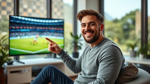 World Cup Side Hustle, casual man pointing at TV with football match.
