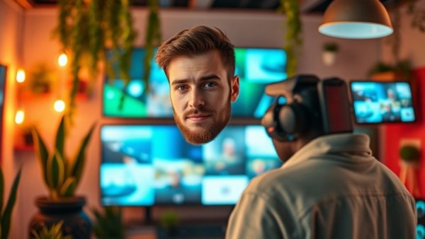 Confident man in tech studio discusses AI video creation on TikTok.
