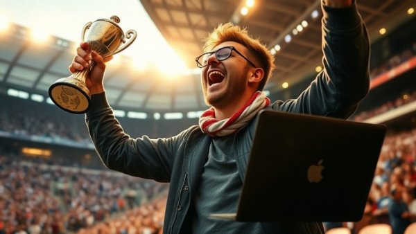 Fan celebrates World Cup AI Side Hustle with trophy and laptop in stadium.