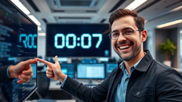 Cheerful man pointing at screen with digital timer, AI predicts time remaining, futuristic office.