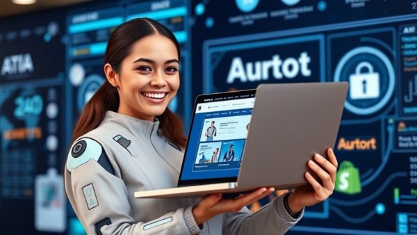 AI-built online store displayed on laptop with smiling woman and robot.