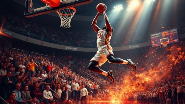 Basketball poster with player dunking for Sports AI side hustle.