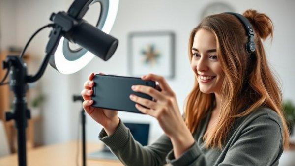 Young woman setting up smartphone for video shoot in home office