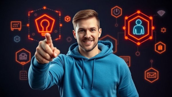 AI agents for online business management illustration with humanoid robots.