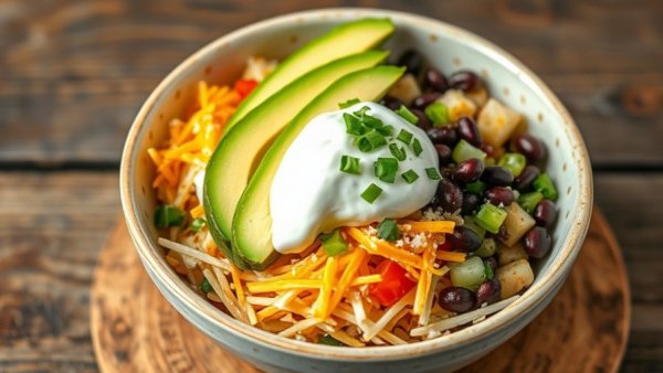 Affordable burrito bowl with fresh toppings for dinner ideas when money is tight.
