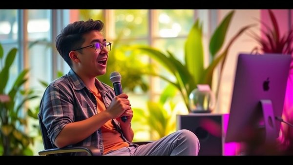Person with microphone discussing AI in film production, vibrant setting.