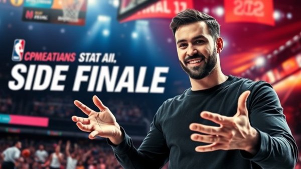 Sports AI faceless side hustle concept, vibrant NBA Finals theme.