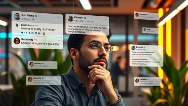 AI Agents saving time with social media interactions, dynamic office scene.