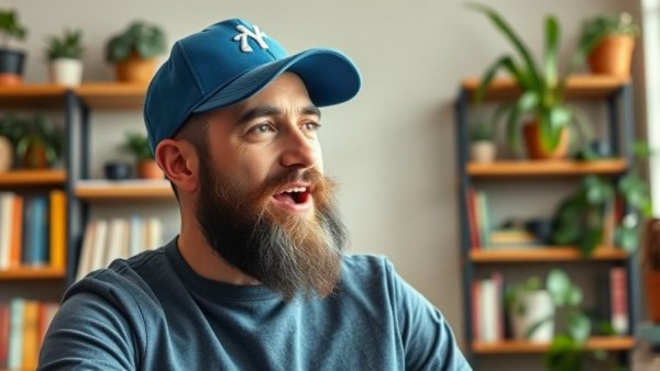 Casual man discussing AI video editing tools in his home office.