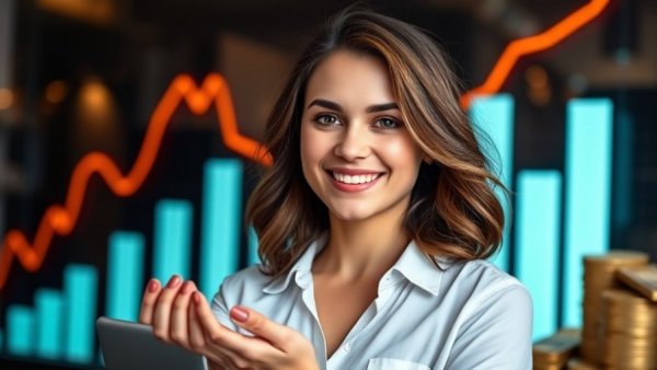 Confident woman showcasing digital product success with growing sales graph.