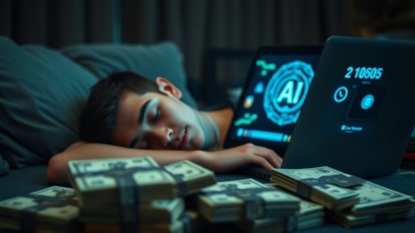 Laziest ways to make money online with AI: Man sleeping by laptop and cash