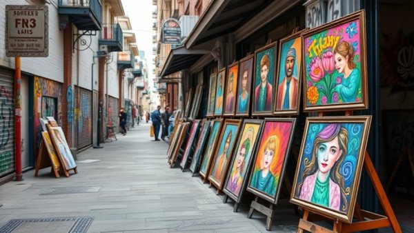 Outdoor art market with colorful framed paintings; best places to sell collectibles.
