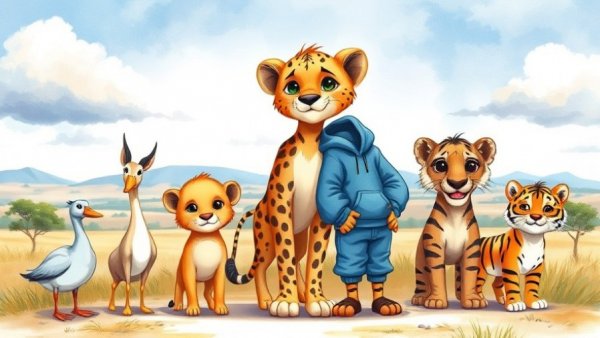 Illustration of animals in a children's book setting.
