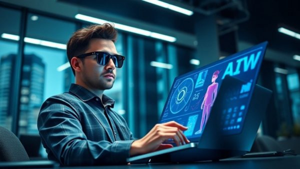 AI tools for entrepreneurs; man in office with laptop showing AI graphics.