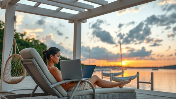 Relaxed woman using laptop by waterfront, showcasing blogging benefits for entrepreneurs.