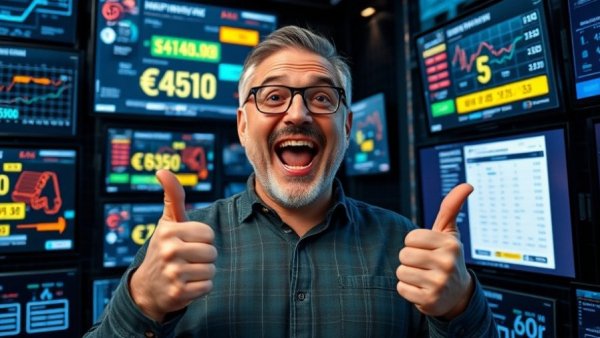 Enthusiastic man presenting how to make money with AI ads, smiling and pointing at digital screens displaying earnings.