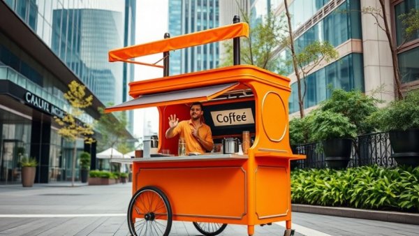 Mobile Coffee Business: Vibrant orange coffee cart with vendor.