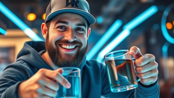 Man pointing at a mug, side hustle with Printify concept