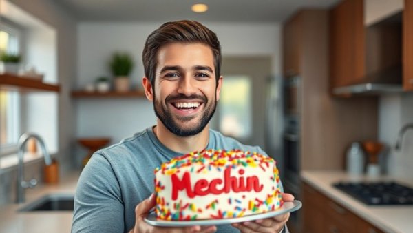 Confident man holding cake in kitchen, niche software tool idea.