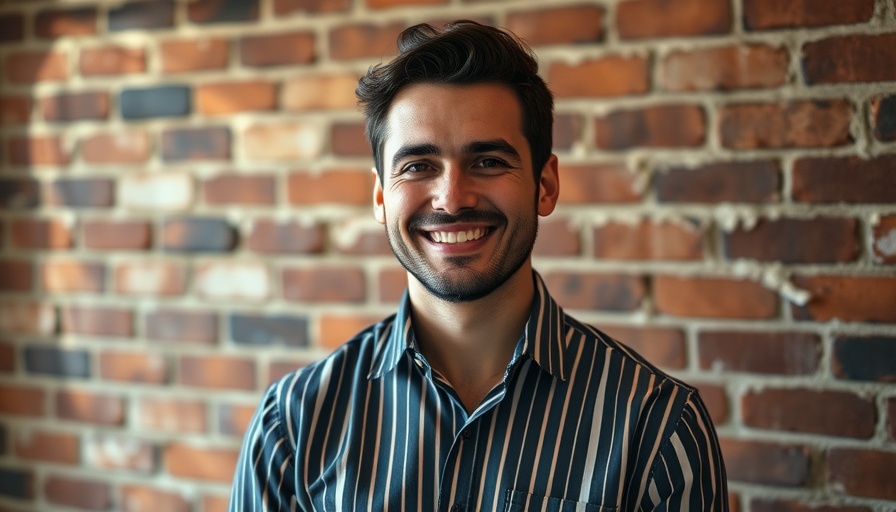 Smiling man in striped shirt against brick wall, start a billboard business concept.