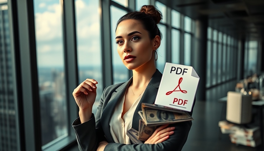 Woman in modern office with money and PDF icon, selling digital products for passive income.