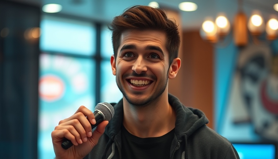 Male figure promotes secret AI websites with microphone indoors.