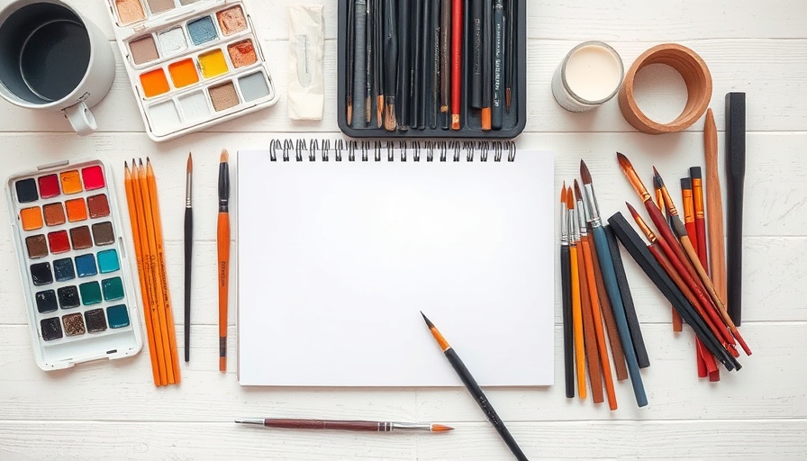 Art supplies on white wood surface, watercolor paints and sketchbook.