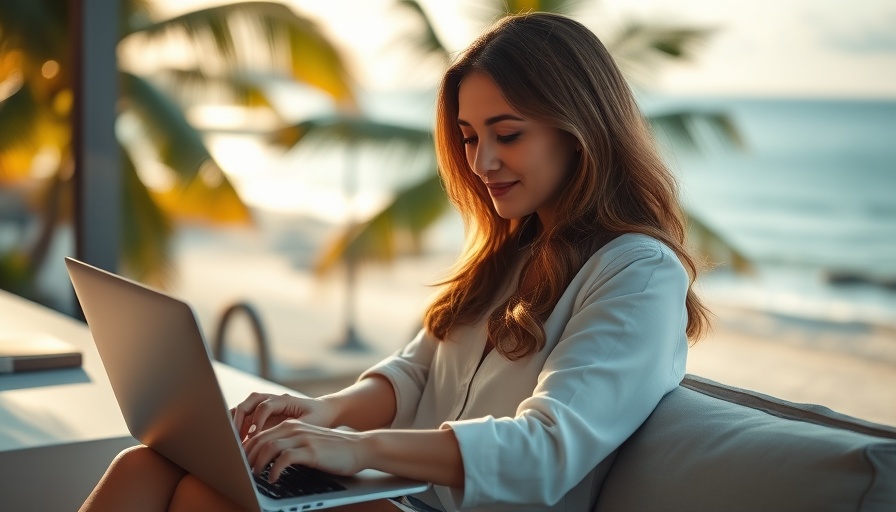 Relaxed woman creating printables for Etsy, beach view