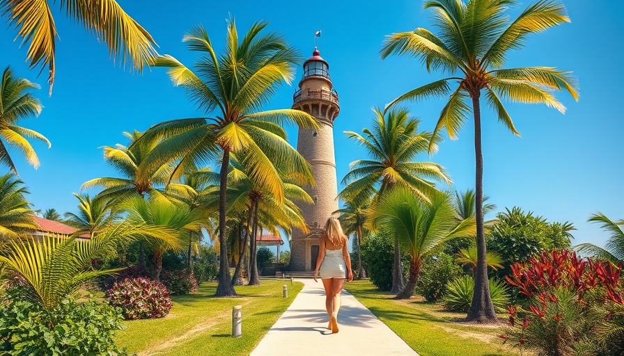 Woman walking towards lighthouse on a tropical path, symbolizing a life beyond work.