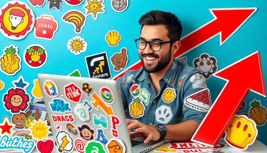 Man with laptop covered in stickers, highlighting a side hustle trend for 2025.