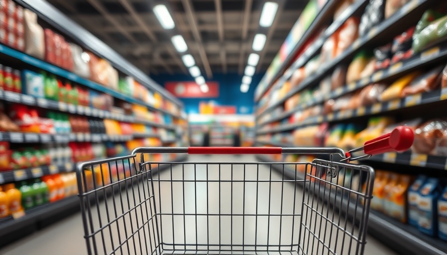 Empty shopping cart in a brightly lit supermarket aisle.