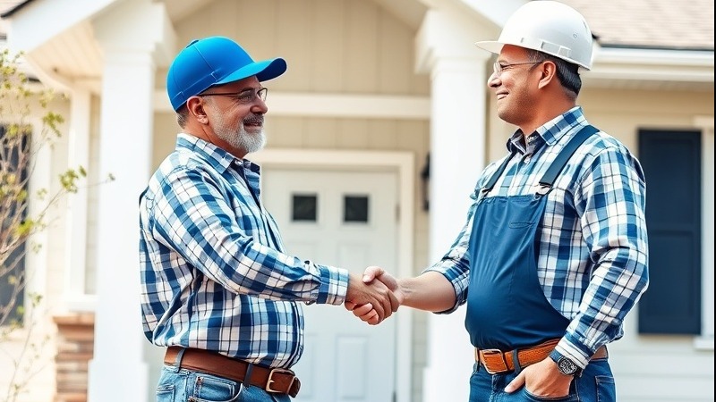 Contractor shaking hands with homeowner outside suburban home, highlighting trust.