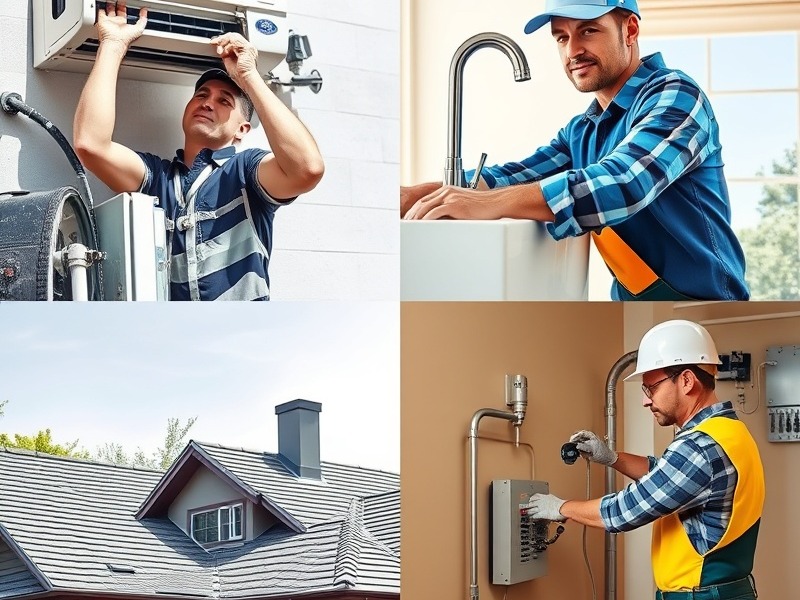 High-resolution collage of local service professionals: HVAC, plumbing, roofing, and electrical work.