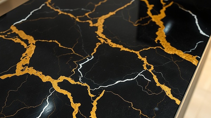 High gloss black epoxy countertop with stunning gold marble veins.