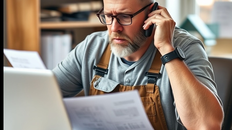 Frustrated local contractor reviewing bills and marketing at desk, laptop open.