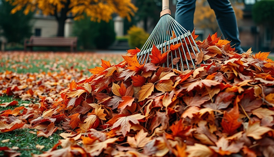 Close-up of raking autumn leaves into a pile, stop raking leaves.