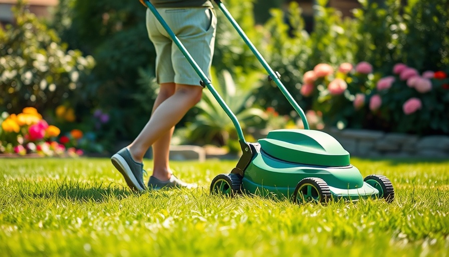 Person mowing lawn in sunny garden for fall lawn maintenance.