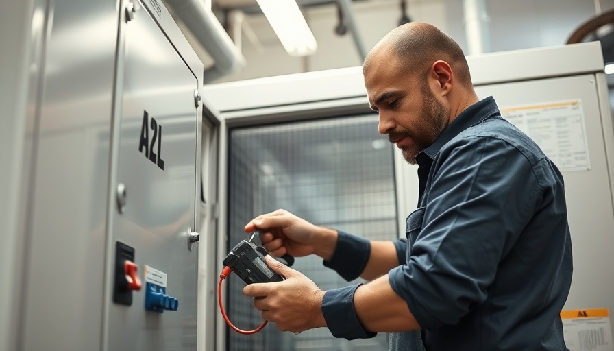 Technician servicing A2L commercial refrigeration equipment in industrial setting