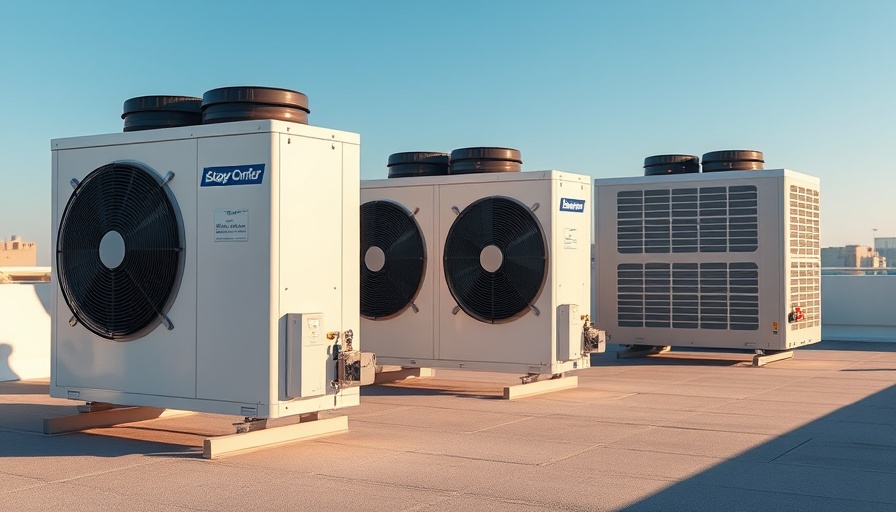 Modern smart commercial heat pumps on rooftop under clear sky.