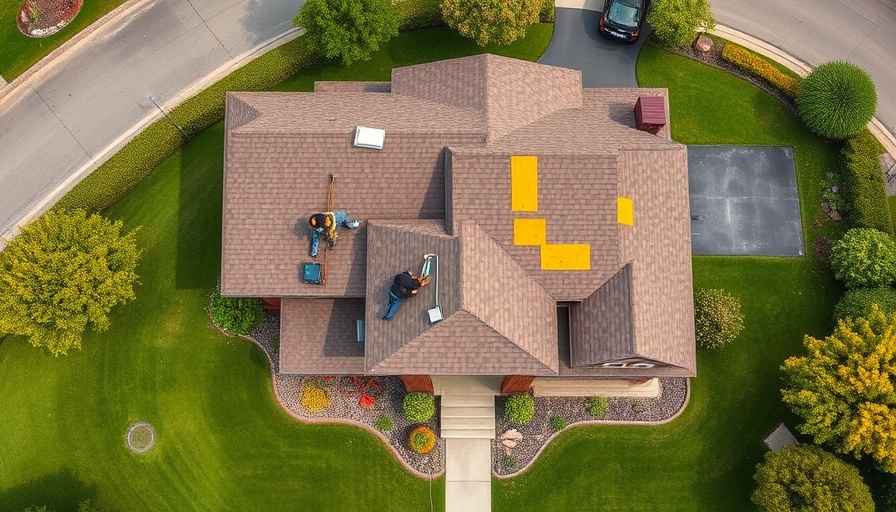 Uplifting stories in roofing: Workers repairing house roof, aerial view.