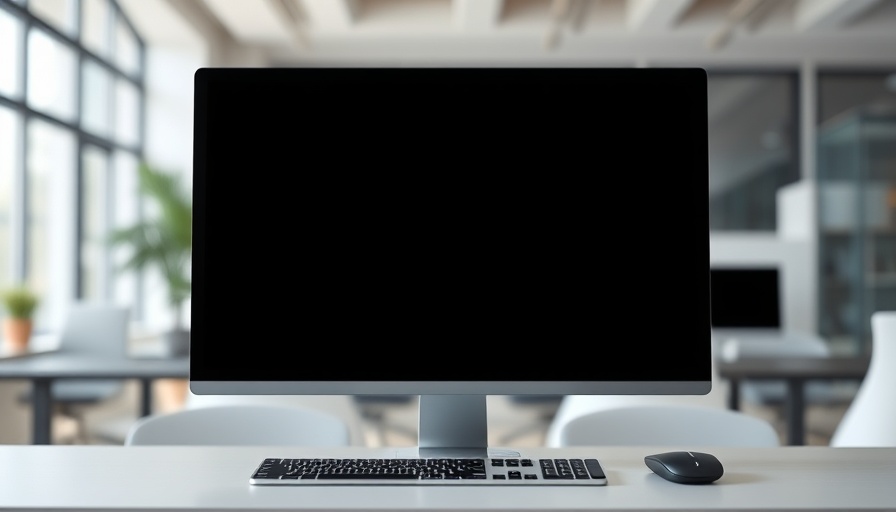Desktop computer with blank screen on desk in office setting.