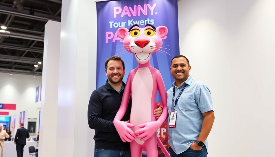 Two men with Pink Panther, Roof Color Design Insights event.
