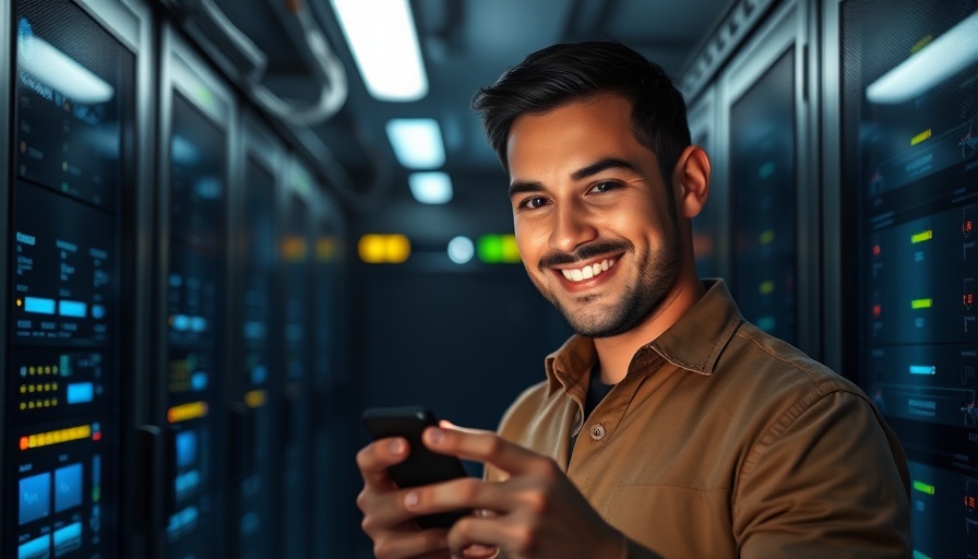 Confident man using social media in a server room; client magnet concept.