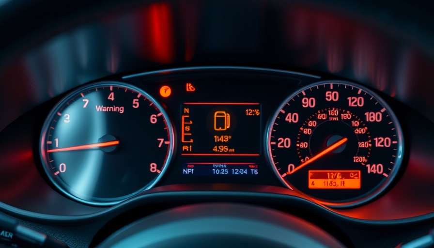 Modern vehicle dashboard with warning indicators and digital displays.
